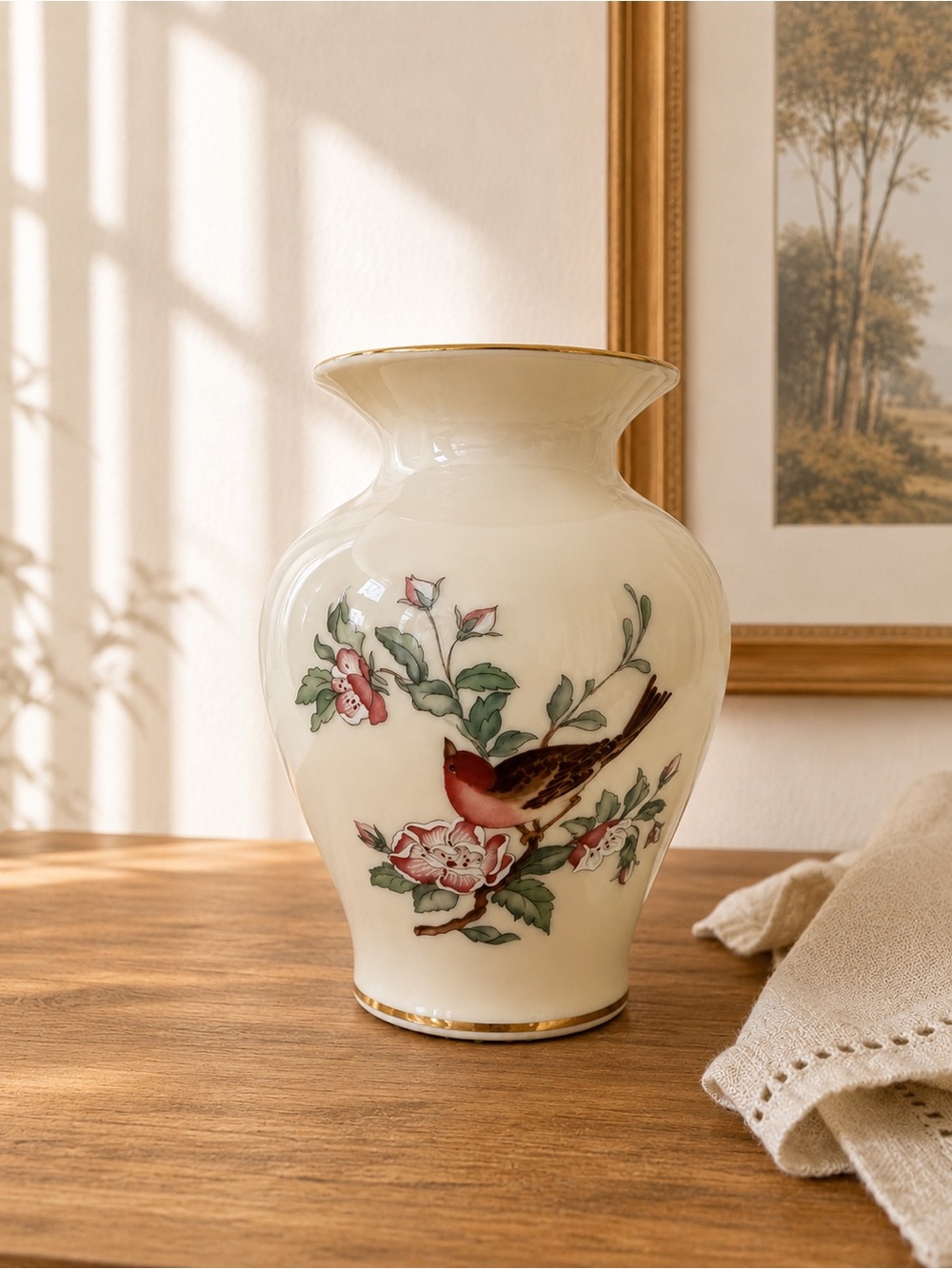 Lenox Cream Ceramic Vase with Red Bird and Floral Design